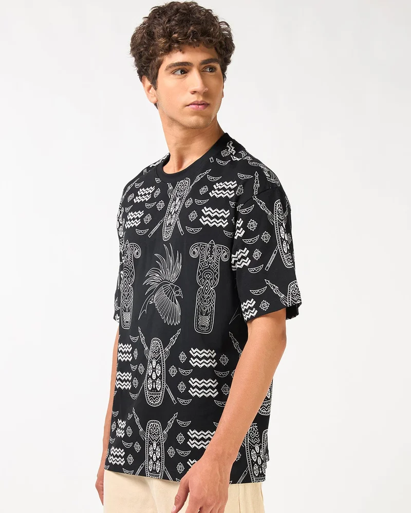 bewakoof Men's Black All Over Printed Oversized T-shirt